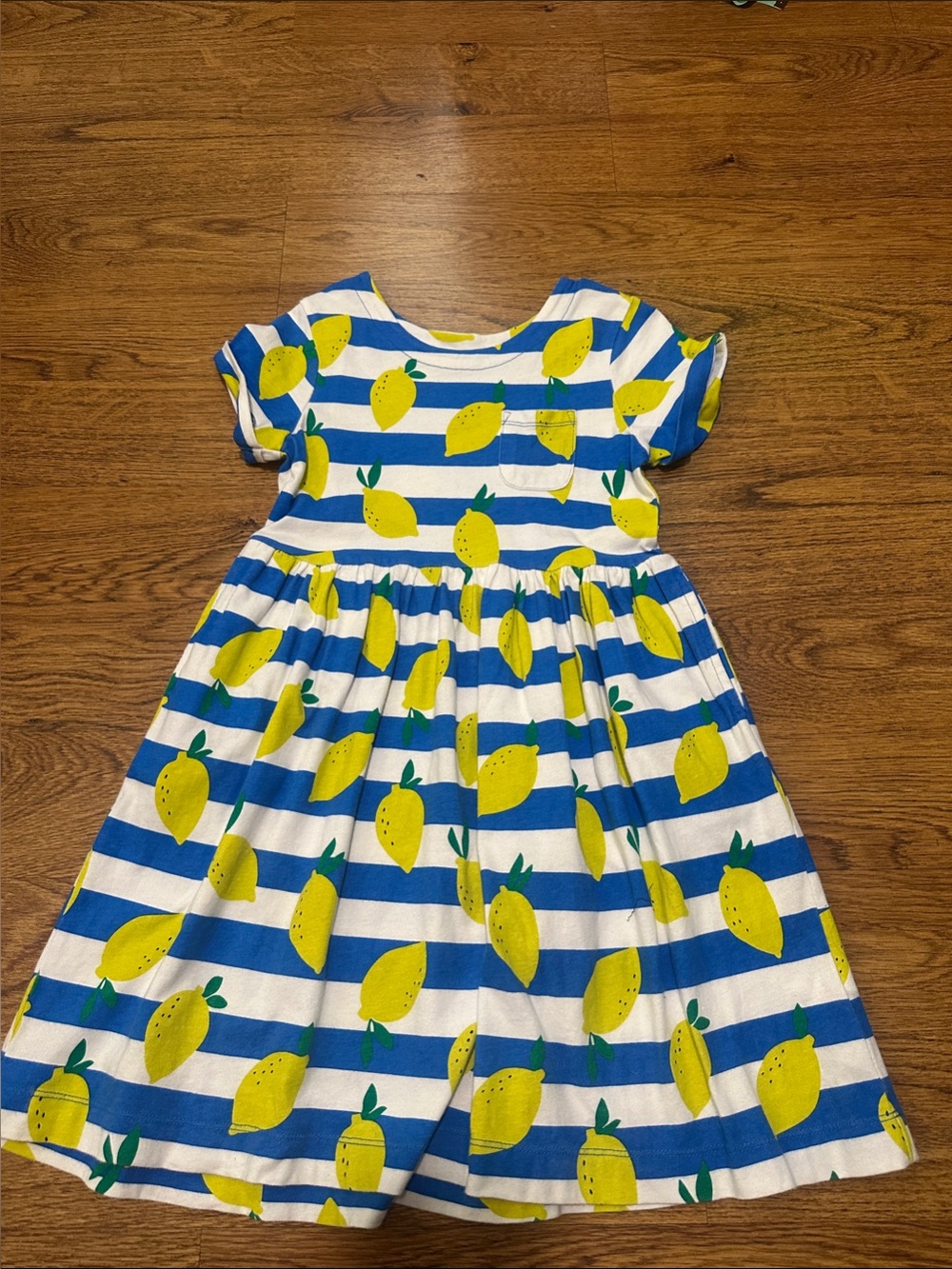 Mini Boden Blue & White Stripe Lemon Dress size 7-8 short sleeve pleated